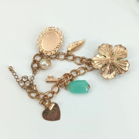 Flower Heart Pearl Charm Turquoise Gold Tone Chunky Chain Bracelet - Picture 5 of 5